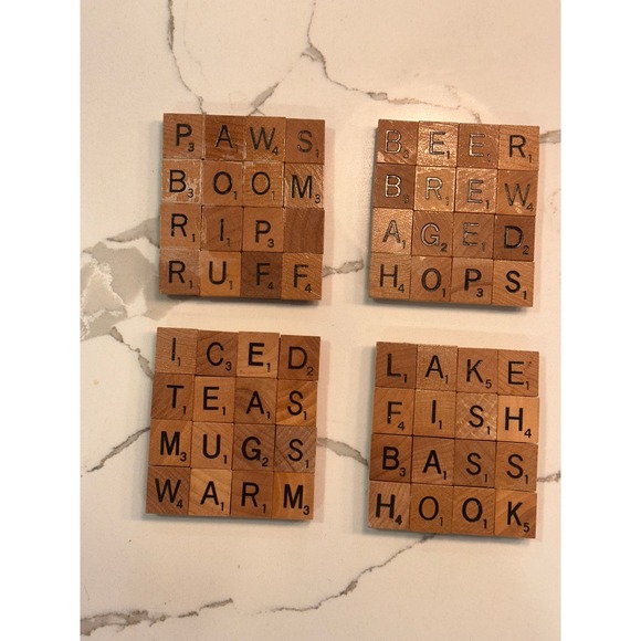 Handmade Other - Handmade Scrabble Tile Coasters Set‎ of 4 Wooden Letter Drink Coasters Cork Back